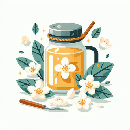 Jasmine tea in a glass jar with wooden spoon. Vector illustration.のイラスト素材