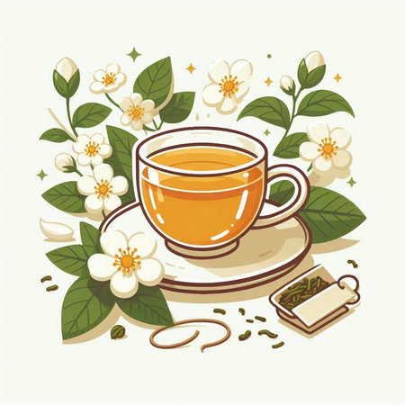 Vector illustration of a cup of green tea with jasmine flowersのイラスト素材