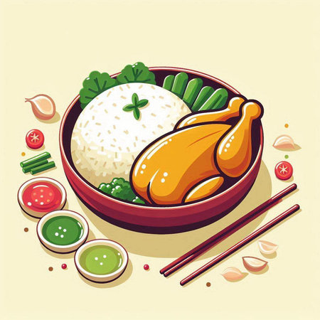 Illustration of a bowl of rice with chicken and vegetables on a light backgroundのイラスト素材