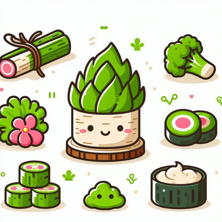 Illustration of a Set of Japanese Sushi Mascot Charactersのイラスト素材