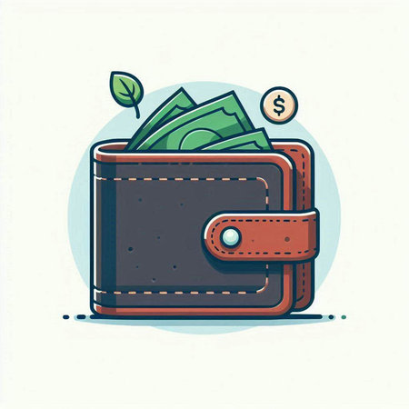 Illustration of a brown wallet with money in it. Vector illustration.のイラスト素材