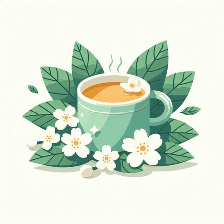 Cup of tea with green leaves and flowers. Vector illustration.のイラスト素材