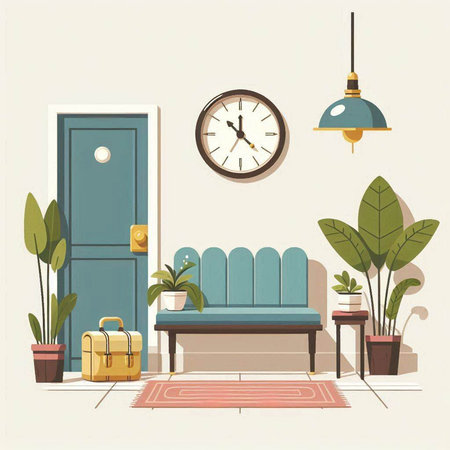 Interior of living room with furniture, sofa, clock and plants. Vector illustrationのイラスト素材