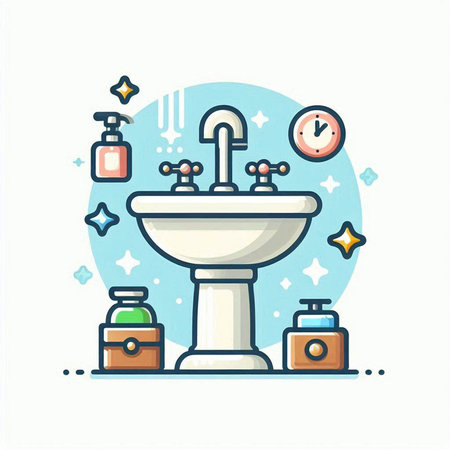 Bathroom flat line icon. Bathroom equipment, washbasin, washbasin, soap dispenser, washbasin. Vector illustrationのイラスト素材