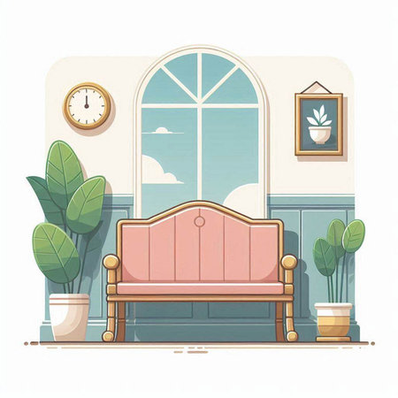 Living room interior with furniture and plants. Vector illustration in flat styleのイラスト素材