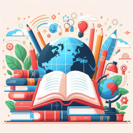 Back to school background with globe, books, pencils, globe and other education elements. Vector illustration.のイラスト素材