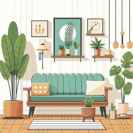 Living room interior with sofa, plants and lamp. Flat style vector illustration.のイラスト素材