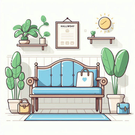 Interior of the living room with sofa, sofa, armchair and plants. Vector illustration.のイラスト素材