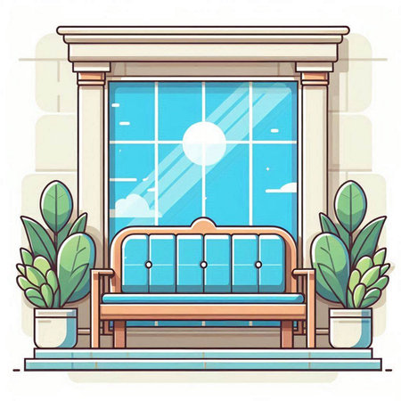 Vector illustration of a bench with a window and plants in pots.のイラスト素材