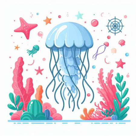 Sea life concept with jellyfish and seaweed. Vector illustration.のイラスト素材