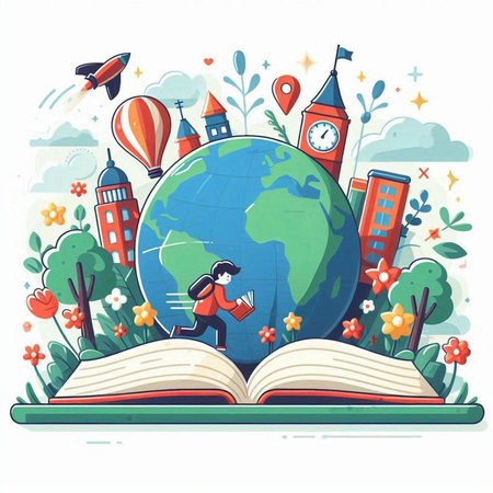 Vector illustration of books, globe, trees, clouds, lanterns, houses.のイラスト素材