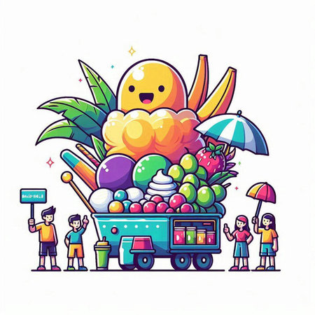 Funny cartoon character with ice cream truck and kids. Vector illustration.のイラスト素材
