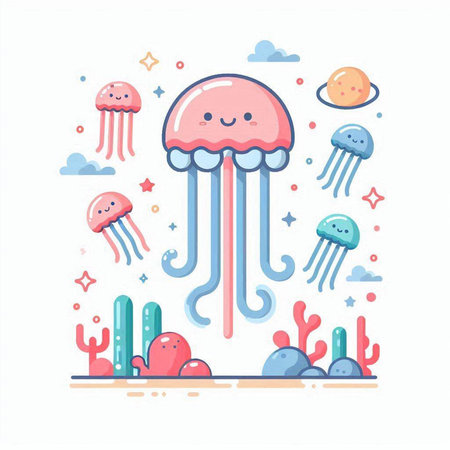 Cute cartoon jellyfish. Vector illustration in flat linear style.のイラスト素材