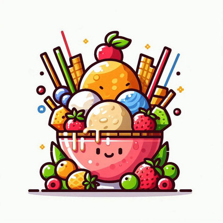 Funny ice cream in a bowl with fruits. Vector illustration.のイラスト素材