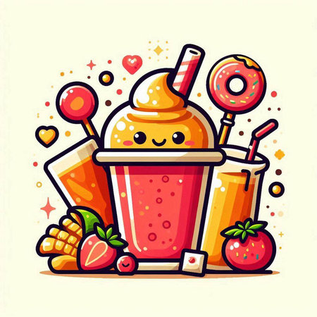 Funny cartoon milkshake with fruits and candies. Vector illustration.のイラスト素材