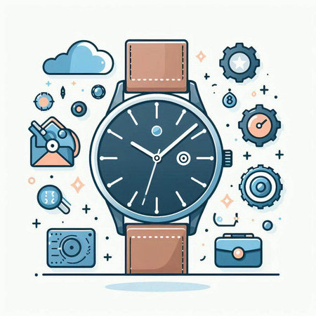Vector illustration of wristwatch with different icons in thin line style.のイラスト素材