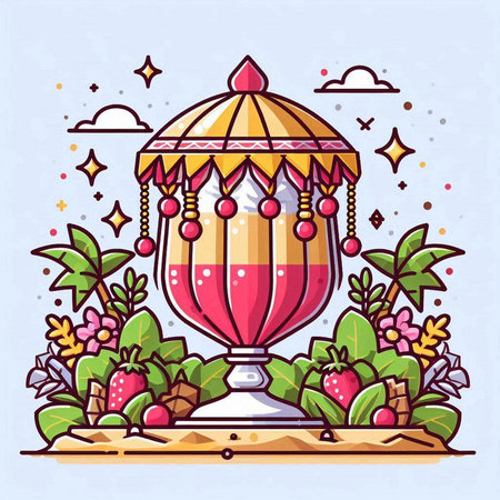 Amusement park vector illustration in flat cartoon style. Colorful summer background with sweets, fruits and flowers.のイラスト素材