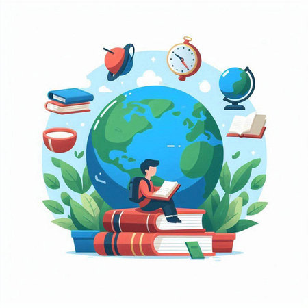 Vector illustration of a boy reading a book on the background of the globe.のイラスト素材