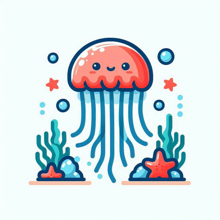 Cute jellyfish in sea. Vector illustration in flat style.のイラスト素材