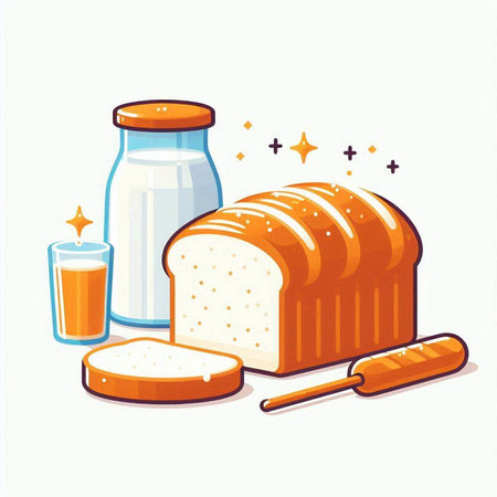 Illustration of a loaf of bread and a glass of milk. Vector illustrationのイラスト素材