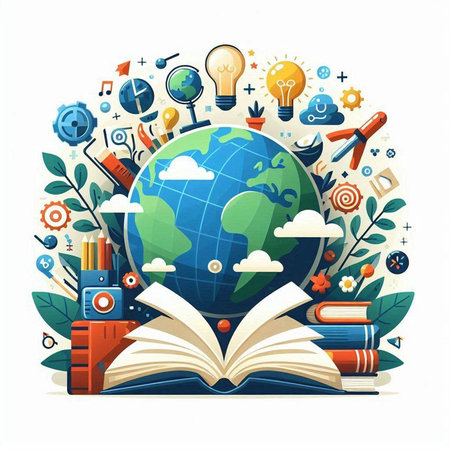 Vector illustration with globe, books, light bulb and other elements. Education concept.のイラスト素材