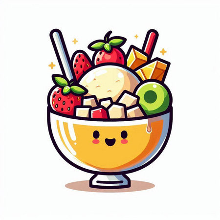 Cute ice cream bowl with fruits and berries cartoon vector illustration.のイラスト素材