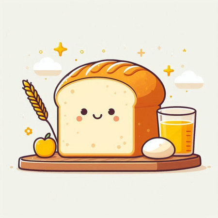 Cute cartoon bread character with a glass of juice and wheat. Vector illustrationのイラスト素材
