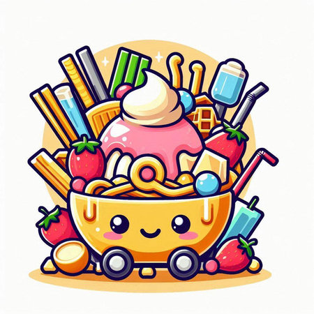 Cartoon illustration of a bowl of ice cream with school supplies.のイラスト素材