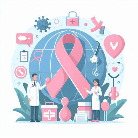 Breast Cancer Awareness Month Vector Illustration. Cartoon Male and Female Characters with Pink Ribbon. Breast Cancer Awareness Month Campaign.のイラスト素材