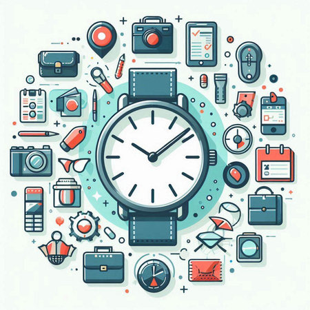 Vector illustration of wrist watch with different icons in thin line style.のイラスト素材