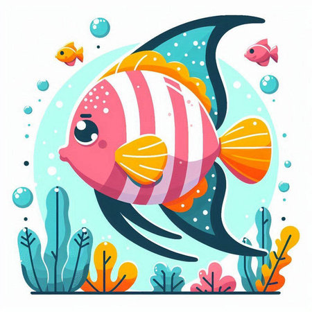 Cute cartoon fish on a background of the sea. Vector illustrationのイラスト素材