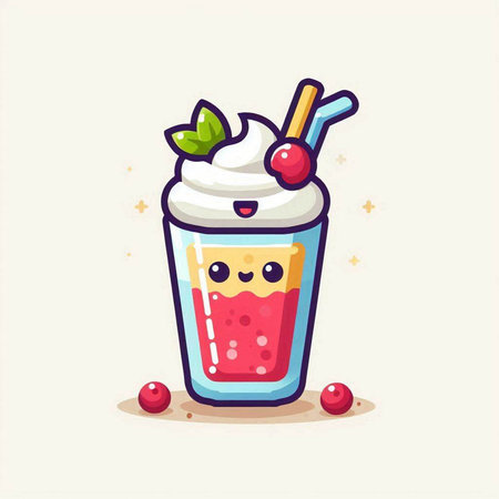 Cute milkshake with whipped cream and cherries. Vector illustration.のイラスト素材