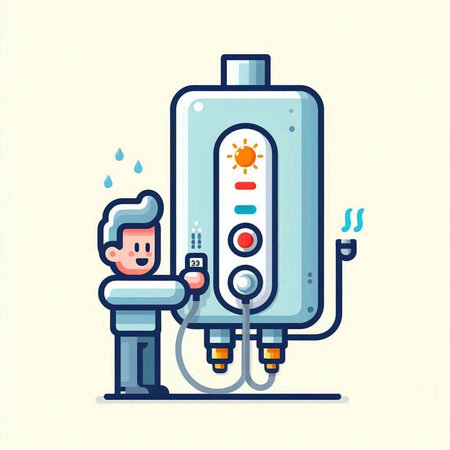 Vector illustration of a man holding a gas boiler in his hand.のイラスト素材