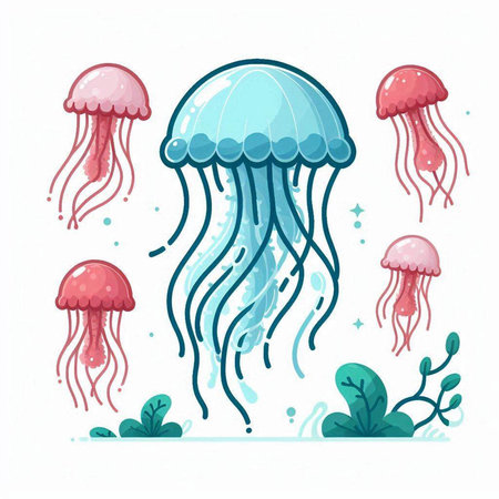 Jellyfish set. Vector illustration of sea life. Cartoon style.のイラスト素材