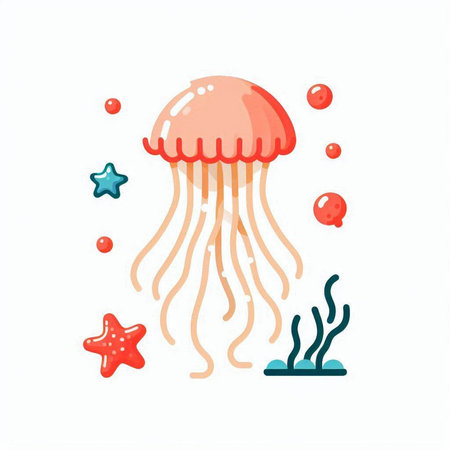 Jellyfish and starfish. Vector illustration in flat style.のイラスト素材