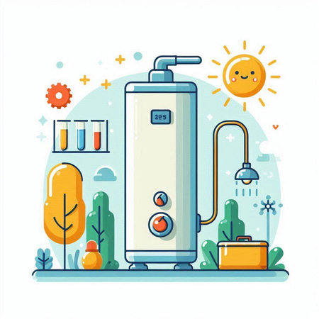 Vector illustration of modern water boiler on the background of nature and sun.のイラスト素材