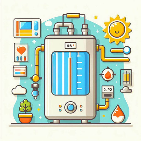 Vector illustration of boiler in flat design style with icons on the background.のイラスト素材
