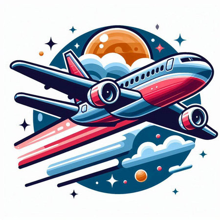 Airplane flying in the night sky with stars and sun. Vector illustration.のイラスト素材