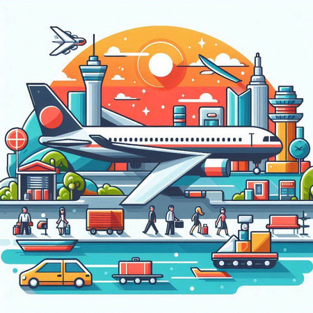 Airport vector illustration. Airplane in the airport with people.のイラスト素材