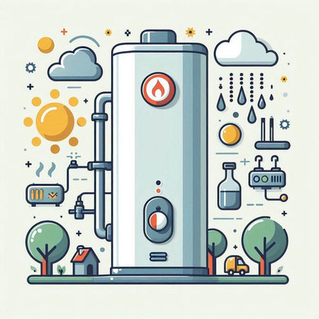 Vector illustration of boiler in flat line style. Alternative energy concept.のイラスト素材