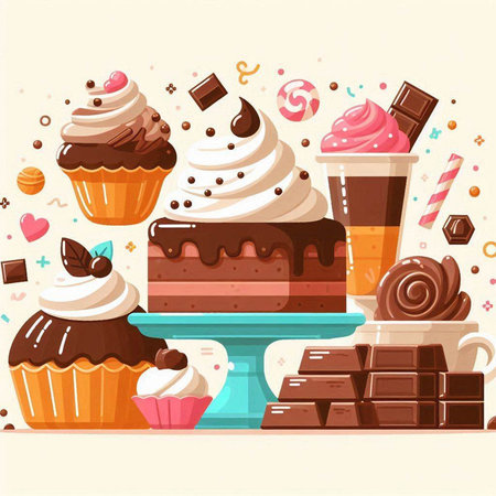 Cupcakes, chocolate sweets, candies. Vector illustration.のイラスト素材