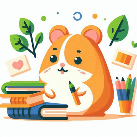 Cute hamster with books and pencils. Vector illustration.のイラスト素材