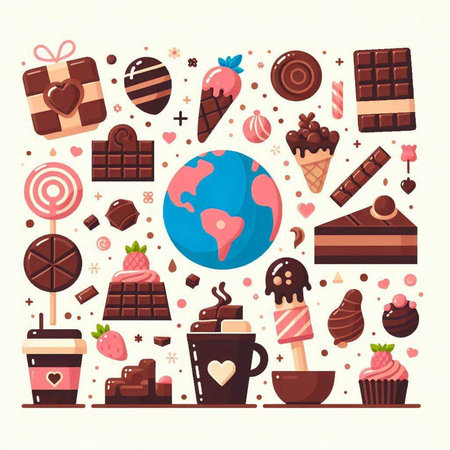 Cute vector illustration with chocolate, ice cream, lollipops, candy, cupcake, heart and world map.のイラスト素材