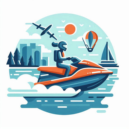 Vector illustration of a man riding a jet ski on the river.のイラスト素材