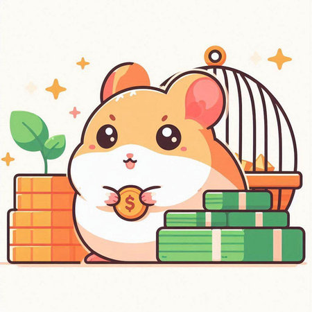 Cute hamster with money and gift boxes. Vector illustration.のイラスト素材