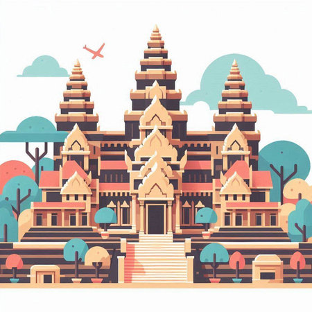 Thai temple vector illustration in flat style. Landscape of ancient temple.のイラスト素材
