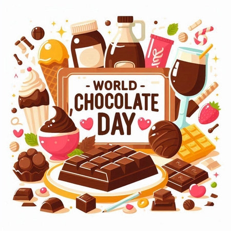 World Chocolate Day banner with chocolate candies, ice cream, cup of coffee, waffles and sweets. Vector illustrationのイラスト素材