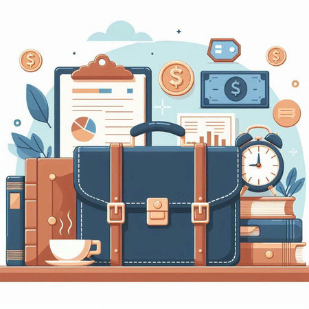 Vector illustration of briefcase with documents, coffee cup, clock and money.のイラスト素材