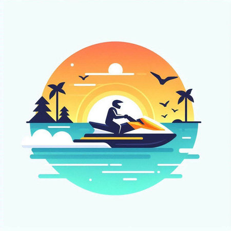 Man riding a jet ski on the sea. Vector illustration in flat styleのイラスト素材