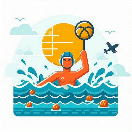 Swimming vector illustration. Man in sportswear swims in the sea with a ball.のイラスト素材